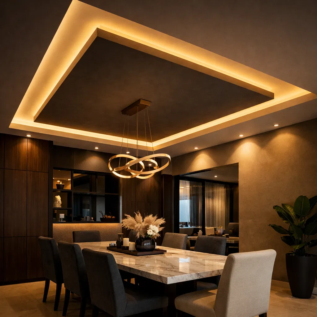 L-box ceiling with warm integrated lighting