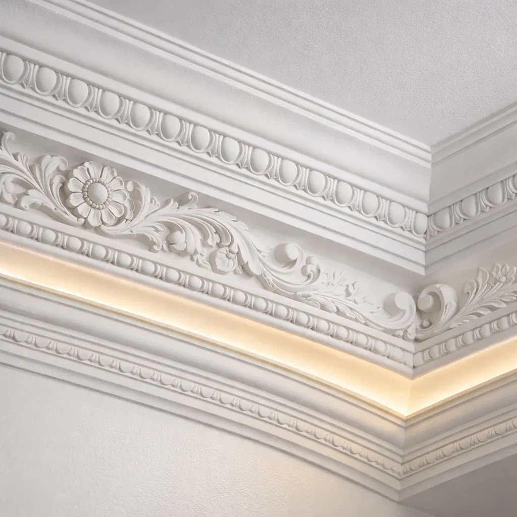 Elegant cornice crown molding ceiling detail
