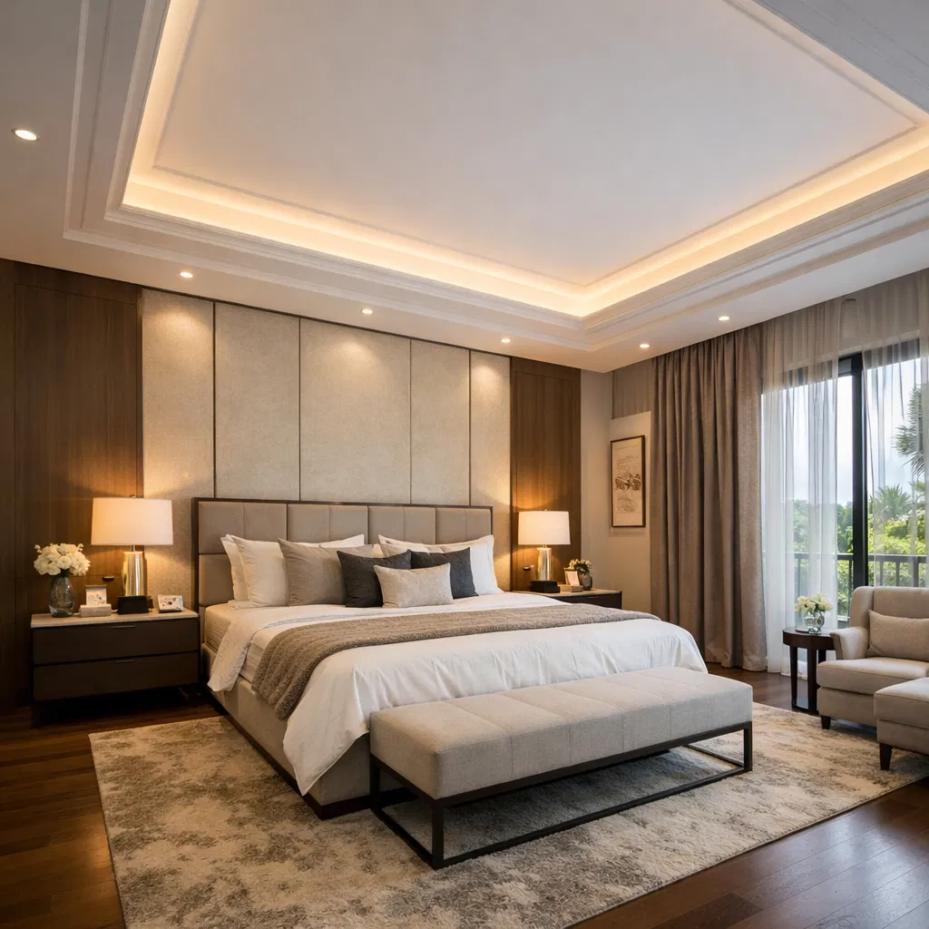 Luxury master bedroom plaster ceiling with warm lighting