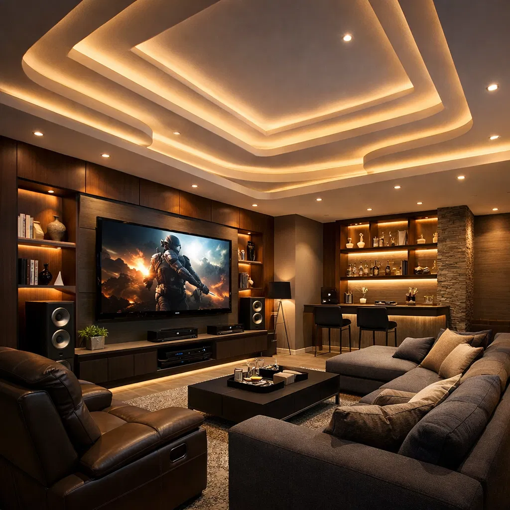 Entertainment room ceiling with modern lighting