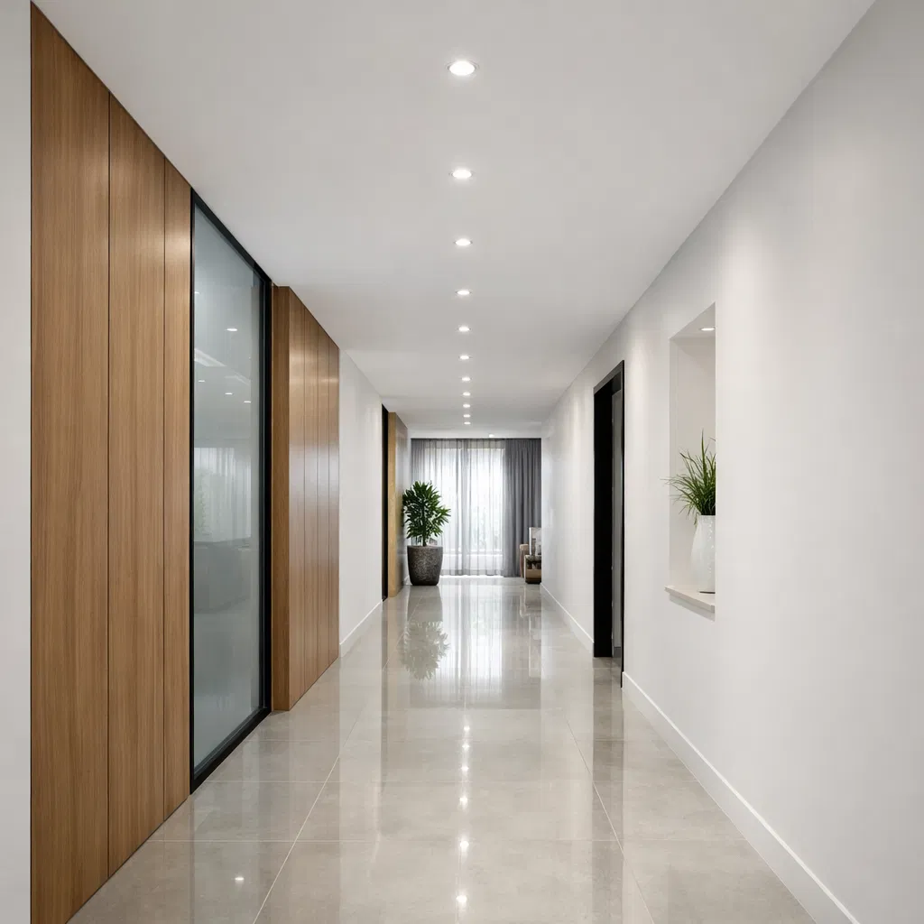 Minimalist hallway ceiling with clean plaster finish