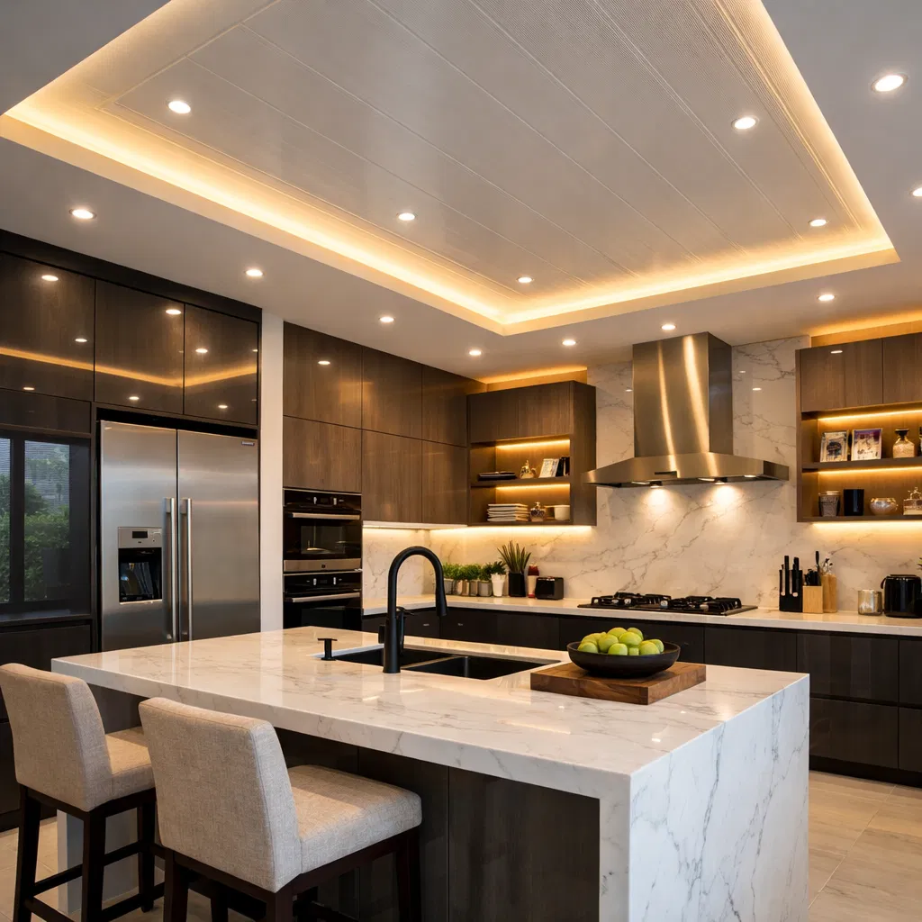 Luxury kitchen with PVC ceiling and LED lighting