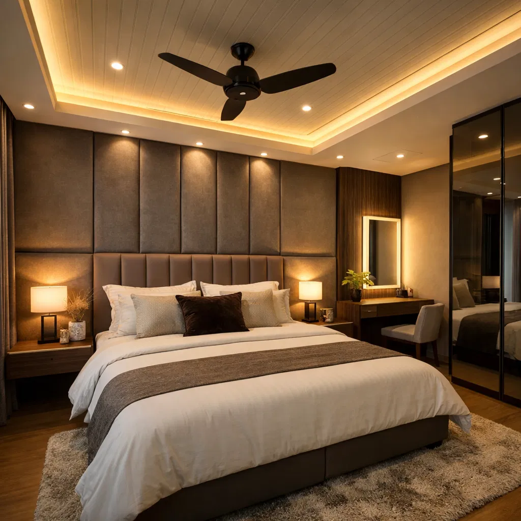 Contemporary bedroom with PVC ceiling and LED lighting