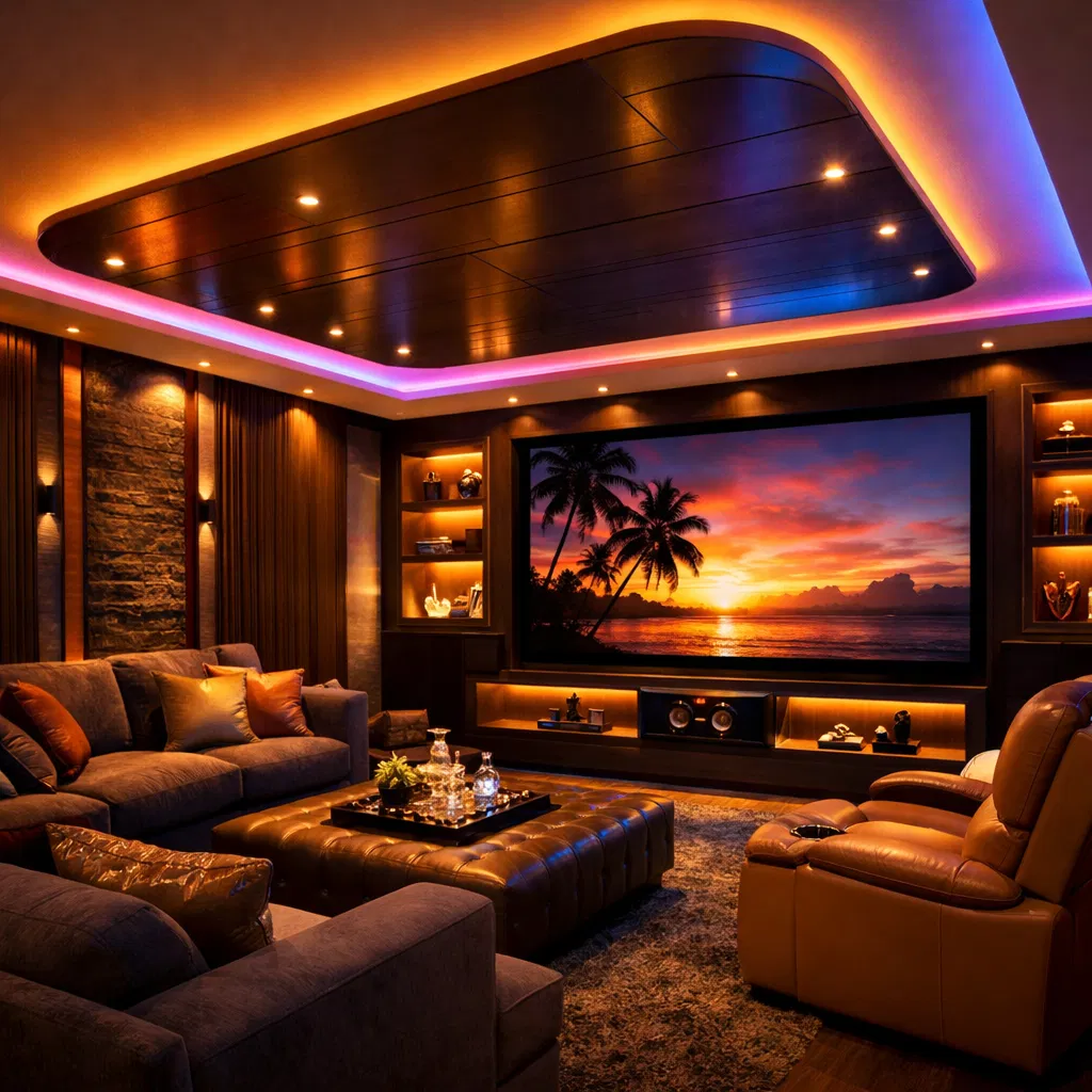 Entertainment lounge with PVC and RGB LED ceiling lighting